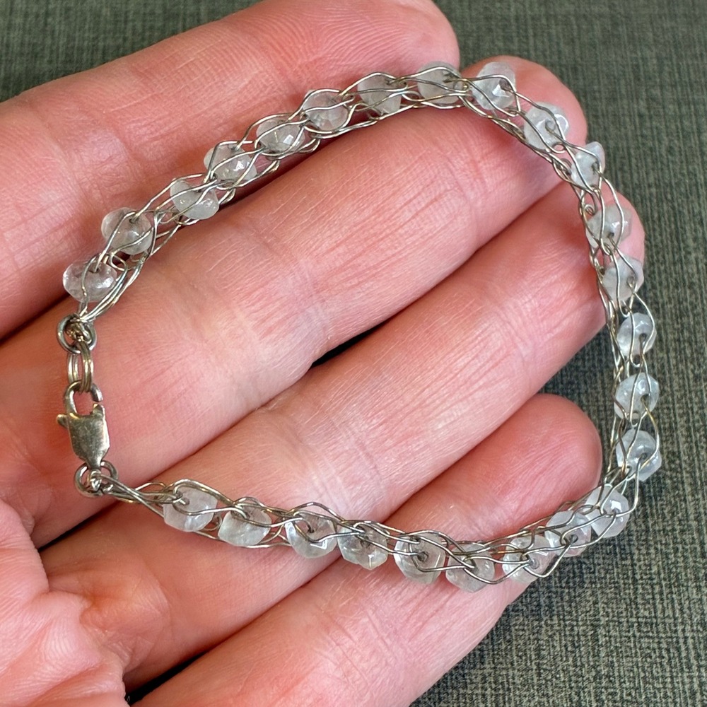 Sterling Silver 925 Bracelet Raw Moonstone Artisan Dainty Wire Wrapped Woven 7"